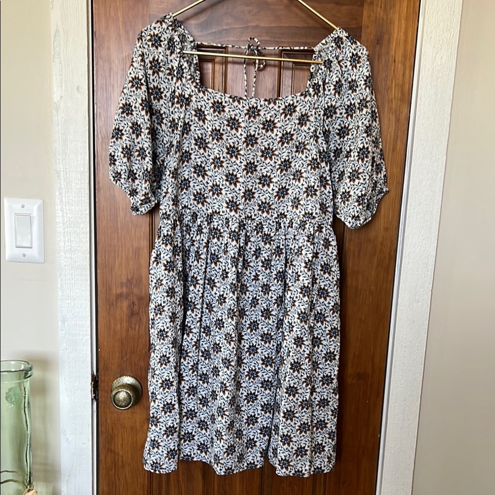 LOFT Cream Mini Dress with Black and Brown Floral Print